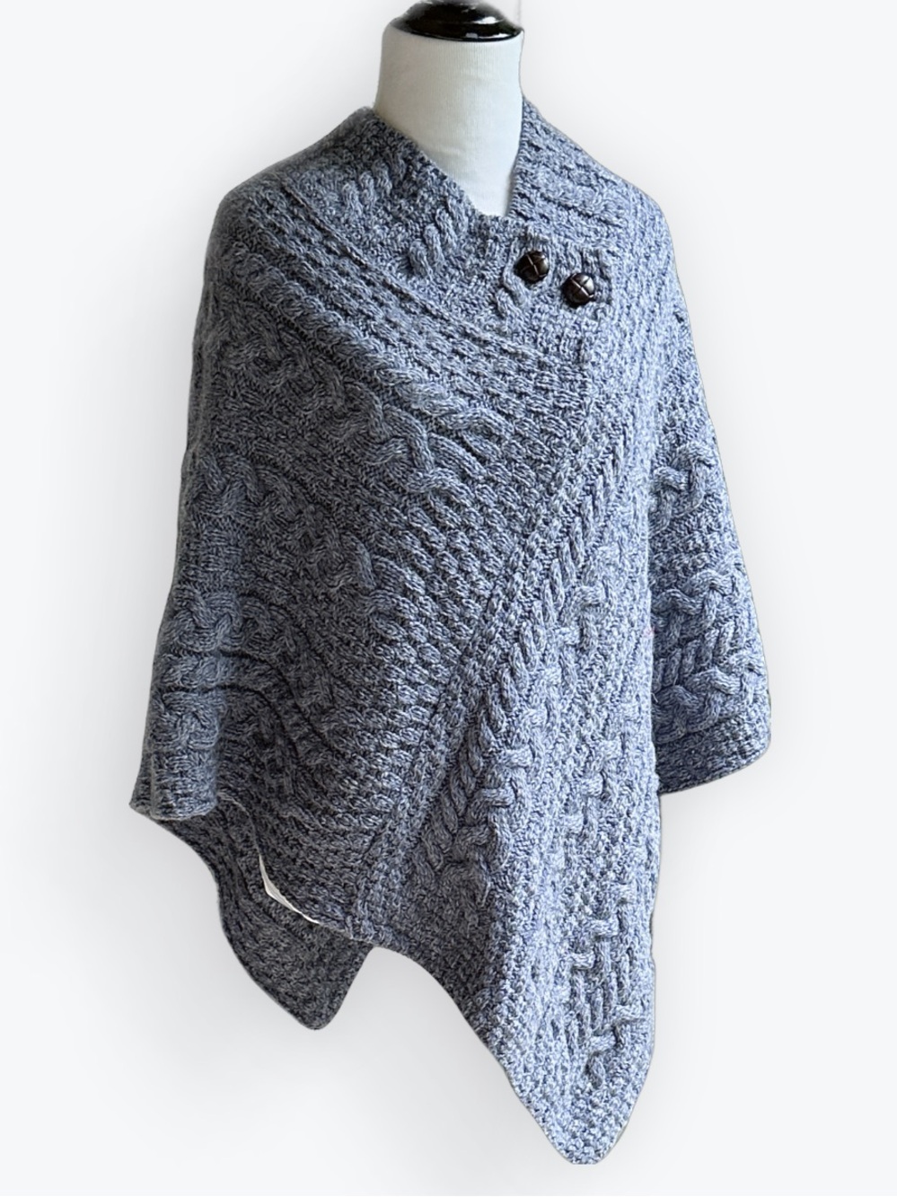 Old Money Chunky Cable Knit Multi-Stitch Irish Pure Merino Wool Blue Cape Shrug